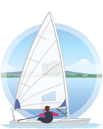 Ilustración de Vela láser radial bote de vela con fondo de agua y cielo en círculo - Imagen libre de derechos