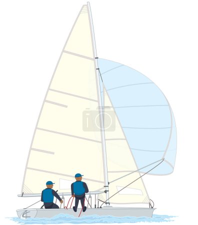 Ilustración de Navegando dos tripulantes masculinos inclinados en un velero bote 470 aislado sobre fondo blanco - Imagen libre de derechos