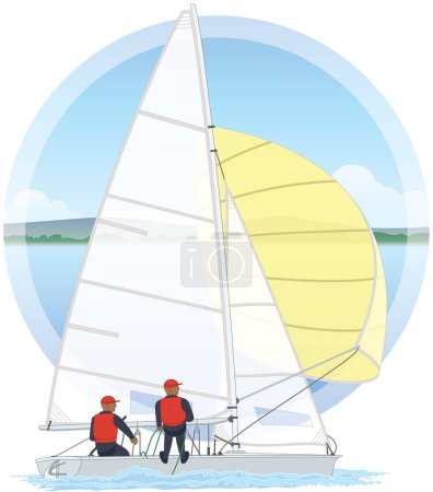 Ilustración de Navegando dos tripulantes masculinos inclinados en un velero bote 470 con fondo de agua y cielo en círculo - Imagen libre de derechos
