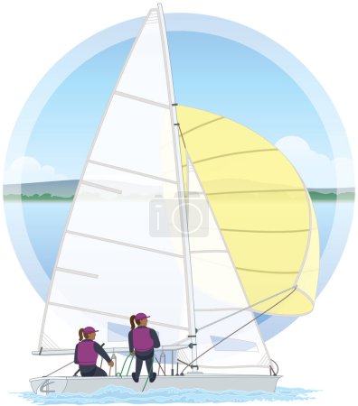 Illustration for Sailing two female crew leaning out in a 470 dinghy sailboat with water and sky background in circle - Royalty Free Image