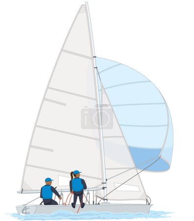 Ilustración de Vela tripulación femenina y masculina se inclina hacia fuera en un velero bote 470 aislado sobre fondo blanco - Imagen libre de derechos