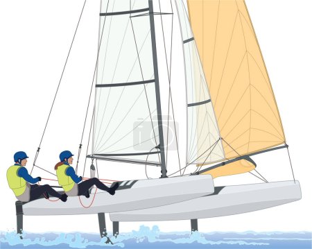 Illustration for Sailing female and male crew leaning out in a NACRA 17 multihull catamaran sailboat isolated on a white background - Royalty Free Image