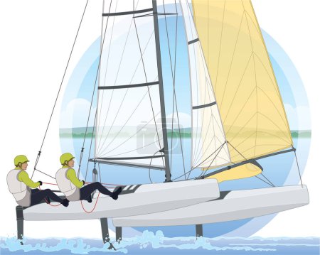 Illustration for Sailing two male crew leaning out in a NACRA 17 multihull catamaran sailboat with water and sky background in circle - Royalty Free Image