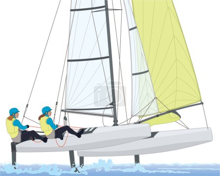 Illustration for Sailing two female crew leaning out in a NACRA 17 multihull catamaran sailboat isolated on a white background - Royalty Free Image