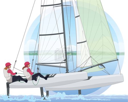 Illustration for Sailing two female crew leaning out in a NACRA 17 multihull catamaran sailboat with water and sky background in circle - Royalty Free Image