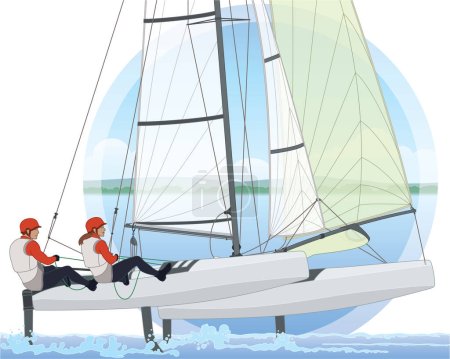 Illustration for Sailing female and male crew leaning out in a NACRA 17 multihull catamaran sailboat with water and sky background in circle - Royalty Free Image