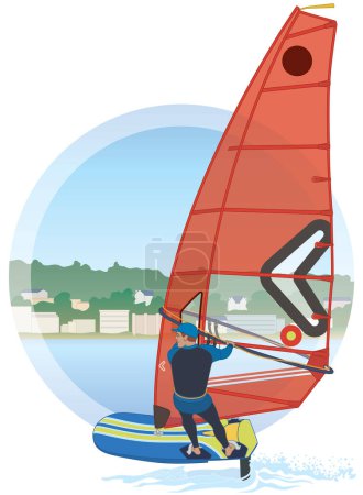 sailing male rider windsurfing on IQFoil board and red sail lifting out of water with background in circle