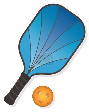 Pickleball Sport blau Paddel und Indoor-Ball isoliert auf weißem Hintergrund mit Schatten