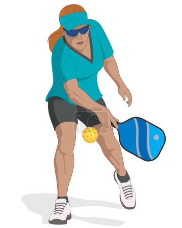 Ilustración de Pickleball deporte jugador femenino sosteniendo paleta golpeando pelota aislado sobre un fondo blanco - Imagen libre de derechos