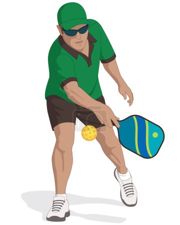 Ilustración de Pickleball deporte jugador masculino sosteniendo paleta golpeando pelota aislado sobre un fondo blanco - Imagen libre de derechos