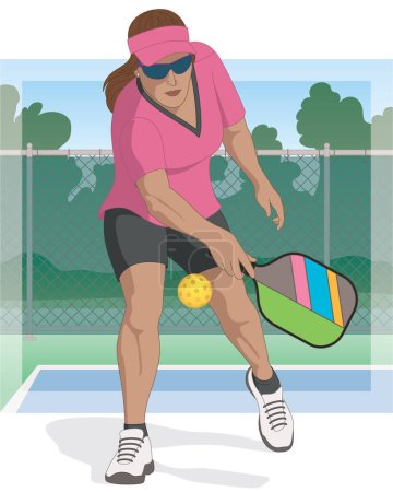 Illustration for Pickleball sport female player holding paddle hitting ball with outdoor court in the background - Royalty Free Image