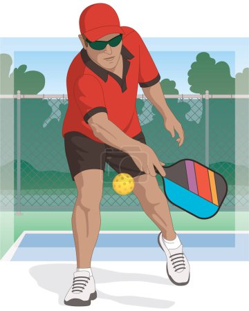 Ilustración de Pickleball deporte jugador masculino celebración de la paleta golpeando la pelota con la cancha al aire libre en el fondo - Imagen libre de derechos