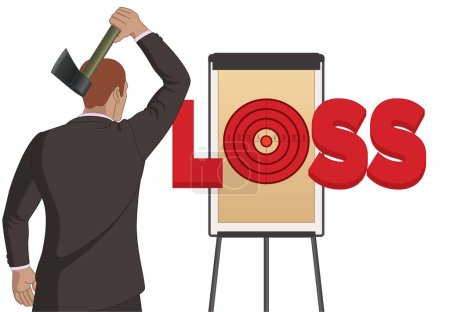business man throwing an axe at target with the word LOSS on easel board isolated on white background
