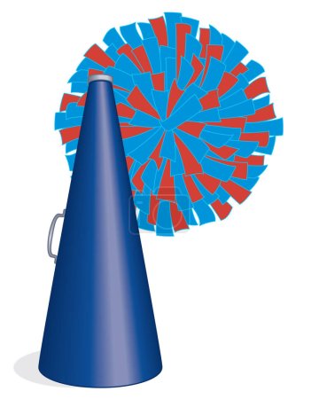 Cheerleading, blaues Megaphon und Bommel isoliert auf weißem Hintergrund