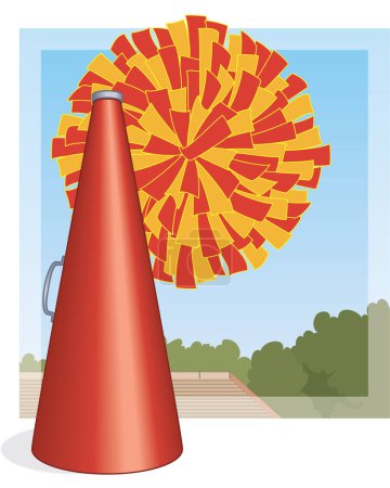 Illustration for Cheerleading, red megaphone and pom-pom with stadium in background - Royalty Free Image