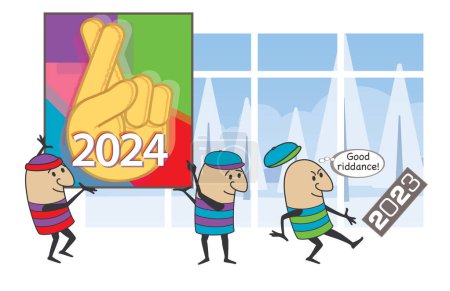 Illustration for 2024 happy new year concept of cartoon characters carrying art showing fingers crossed for luck, and kicking out the old year - Royalty Free Image