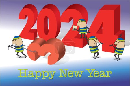Illustration for 2024 happy new year concept of cartoon characters dragging away the old number 3, replacing with the new number 4 and polishing for a brand new year - Royalty Free Image