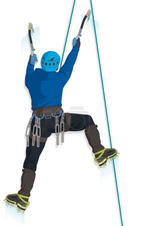 Ilustración de Escalada alpina escalador macho escalando hielo usando hachas de hielo y usando crampones aislados sobre un fondo blanco - Imagen libre de derechos