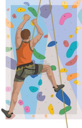 Ilustración de Escalada deportiva escalador masculino escalado interior pared de roca artificial en el fondo - Imagen libre de derechos