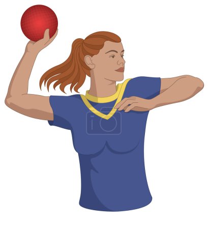 Ilustración de Dodgeball, jugadora femenina apuntando a lanzar al oponente aislado sobre un fondo blanco - Imagen libre de derechos