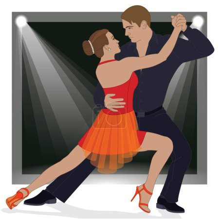 Téléchargez les illustrations : Danse sport, compétition, couple dansant le tango avec un fond rétroéclairé - en licence libre de droit