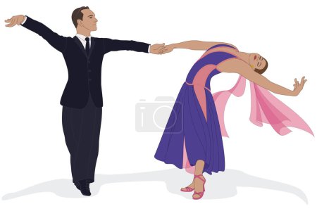 Téléchargez les illustrations : Dance sport, compétition lisse americaine, couple dansant isolé sur fond blanc - en licence libre de droit