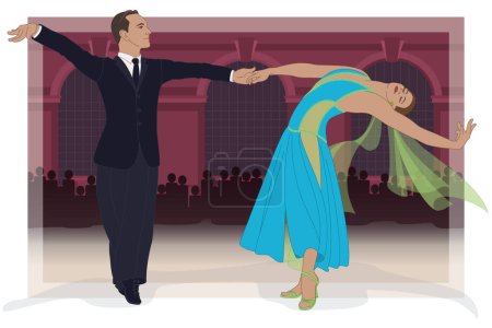 Téléchargez les illustrations : Danse sport, compétition lisse americaine, couple dansant avec des spectateurs en arrière plan - en licence libre de droit