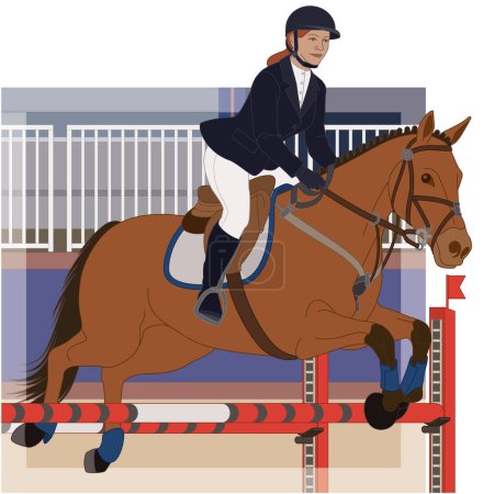 Ilustración de Espectáculo ecuestre saltando, jinete femenino guiando a su caballo saltando sobre un obstáculo con arena en el fondo - Imagen libre de derechos