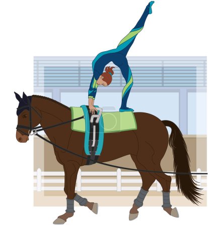 Illustration for Equestrian vaulting, female vaulter on horseback in artistic pose with arena in the background - Royalty Free Image