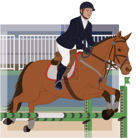Téléchargez les illustrations : Saut d'obstacles équestres, cavalier guidant son cheval sautant par-dessus un obstacle avec arène en arrière-plan - en licence libre de droit