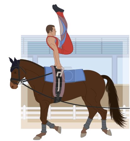 Illustration for Equestrian vaulting, male vaulter on horseback in artistic pose with arena in the background - Royalty Free Image