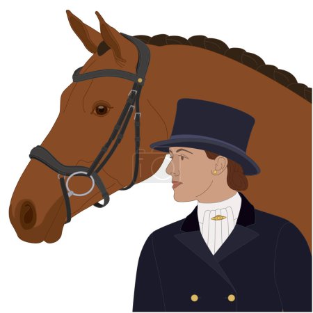 Ilustración de Doma ecuestre, caballo de nivel superior y jinete femenino con un sombrero de copa aislado sobre un fondo blanco - Imagen libre de derechos
