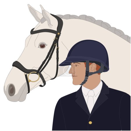 Ilustración de Espectáculo ecuestre saltando, caballo y jinete masculino con un casco aislado sobre un fondo blanco - Imagen libre de derechos
