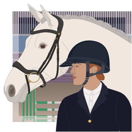 Téléchargez les illustrations : Cavalier de saut d'obstacles, cavalier et cavalière portant un casque avec arène en arrière-plan - en licence libre de droit