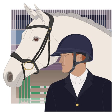 Téléchargez les illustrations : Saut d'obstacles équestre, cavalier et cavalier portant un casque avec arène en arrière-plan - en licence libre de droit