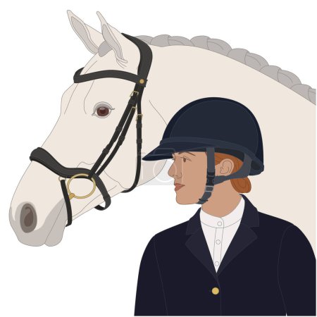 Ilustración de Salto espectáculo ecuestre, caballo y jinete femenino con un casco aislado sobre un fondo blanco - Imagen libre de derechos