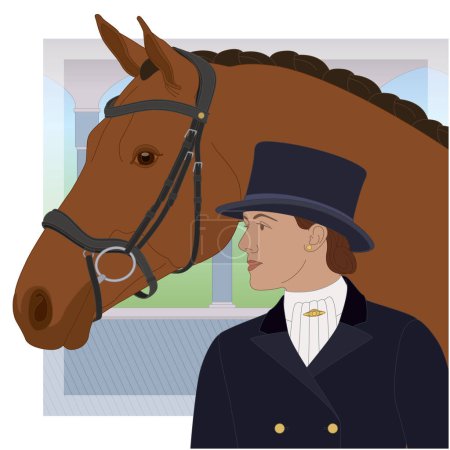 Ilustración de Doma ecuestre, caballo de nivel superior y jinete femenino con un sombrero de copa con arena al aire libre en el fondo - Imagen libre de derechos