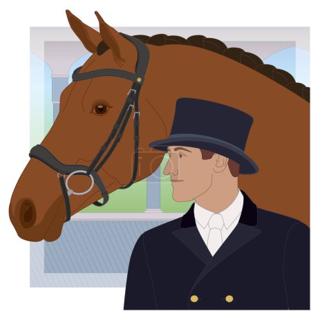 Ilustración de Doma ecuestre, caballo de nivel superior y jinete masculino con un sombrero de copa con arena al aire libre en el fondo - Imagen libre de derechos