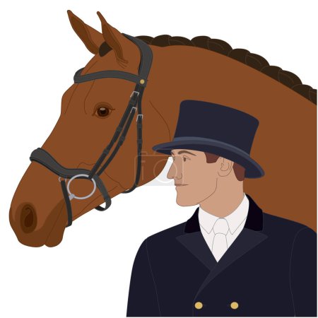 Ilustración de Doma ecuestre, caballo de nivel superior y jinete masculino con un sombrero de copa aislado sobre un fondo blanco - Imagen libre de derechos