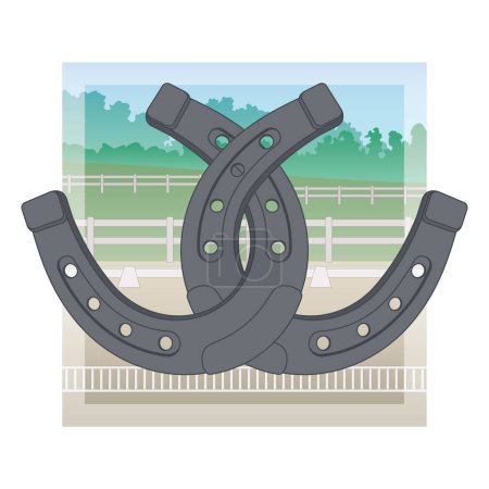 Ilustración de Ecuestre, un par de herraduras de metal entrelazadas con un fondo exterior - Imagen libre de derechos