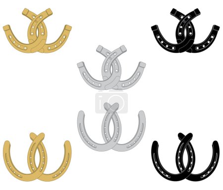 Ilustración de Ecuestre, pares de herraduras en dos estilos y en tres colores diferentes, entrelazadas y aisladas sobre un fondo blanco - Imagen libre de derechos