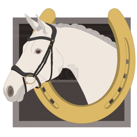 equestrian, white horse framed by a golden horseshoe with a dark background