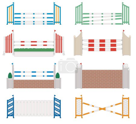 Téléchargez les illustrations : Obstacles de saut d'obstacles hippiques, un ensemble de 8 de rails aux murs isolés sur fond blanc - en licence libre de droit