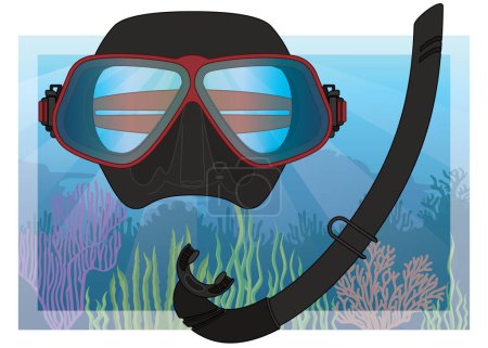 Illustration for Freediving, mask and j-type snorkel with tropical ocean in the background - Royalty Free Image