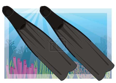 Illustration for Freediving, pair of long blade fins with tropical ocean in the background - Royalty Free Image