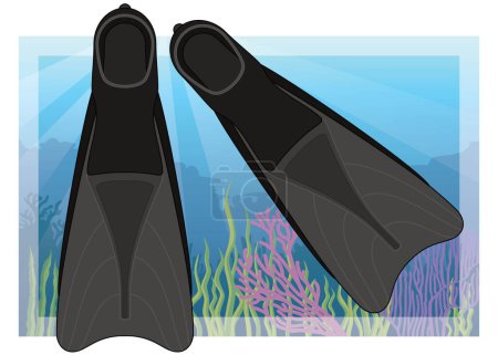 Illustration for Freediving, pair of short blade fins with tropical ocean in the background - Royalty Free Image