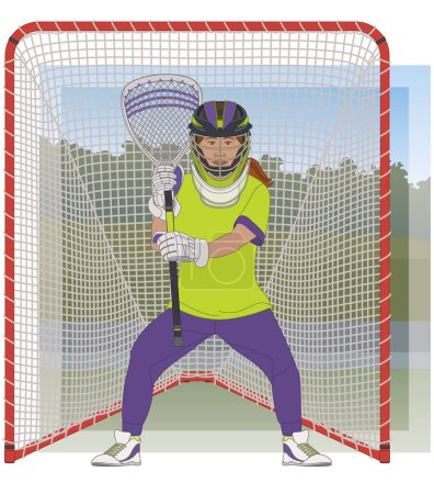 Lacrosse, Torhüterin mit Lacrosse-Stick, steht vor dem Netz mit Outdoor-Hintergrund