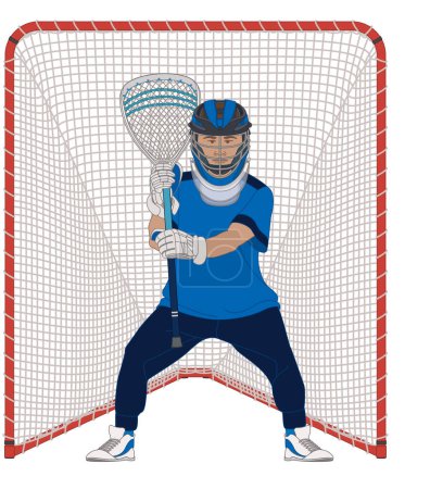 Illustration for Lacrosse, male goalkeeper holding lacrosse stick, standing in front of net isolated on a white background - Royalty Free Image
