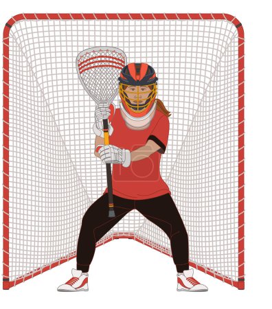 Illustration for Lacrosse, female goalkeeper holding lacrosse stick, standing in front of net isolated on a white background - Royalty Free Image