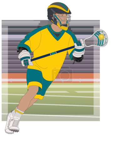 Ilustración de Lacrosse, jugador masculino corriendo con la pelota en su palo de lacrosse, con el estadio en el fondo - Imagen libre de derechos